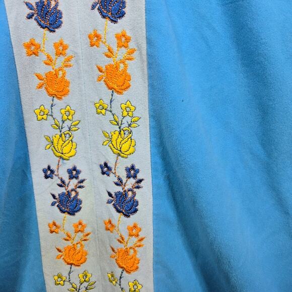 VTG 60 70s Blue Floral Embroidery Zip Robe Lounge Dress Housecoat Evelyn Pearson - Picture 13 of 13